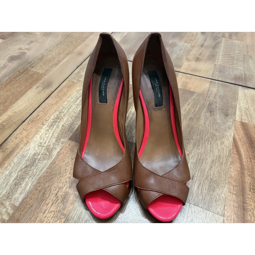Ann Taylor NEW De Cheri Peep Toe Platform Heels Pumps Leather Sz 8.5 Brown/Pink